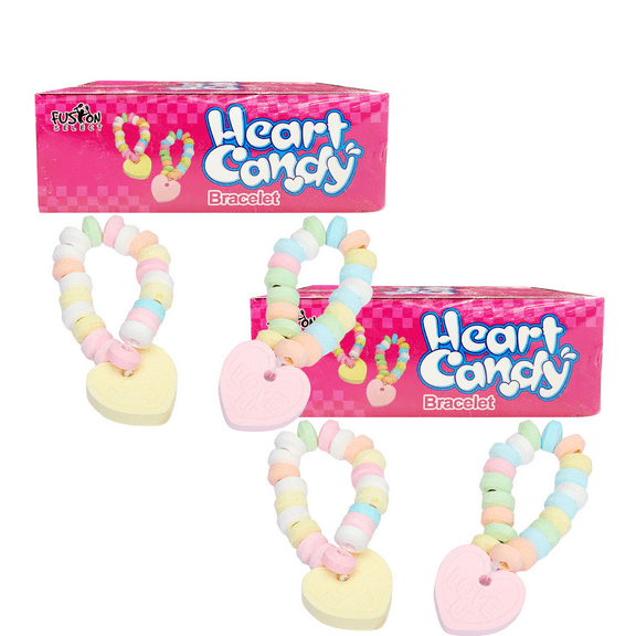Fusion Select 96 Packs Color Candy Bracelet - Edible Candy Jewelry with Love Heart Charm - Sweet Treats for Kids Birthday, Party Favors, Pinata Filling - Individually Wrapped Fruit Flavor Snacks