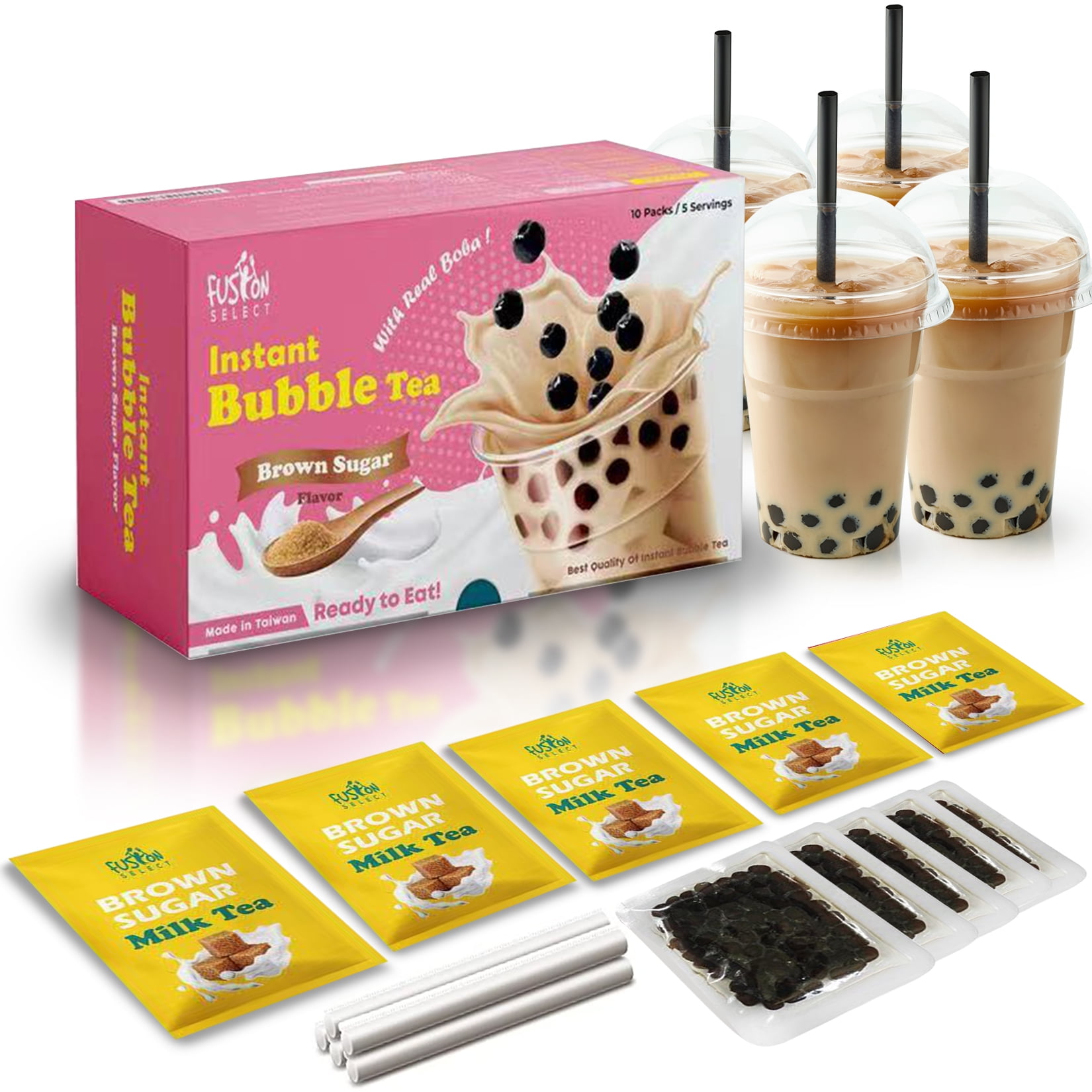 Fusion Select Authentic Instant Brown Sugar Bubble Tea Kit Extra Rich (5  Packs) Microwave-Heated Bubble Tea Drink, Boba Tapioca Pearl, Straws, Most