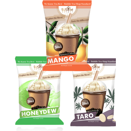 Fusion Select Bubble Tea Drink Mix, Variety Flavors, Taro Bubble Tea, Honeydew Bubble Tea, Mango Bubble Tea, Sampler Bubble Tea 3 in 1 Powder DIY Bubble Tea Drink Most Popular Bubble Tea Flavors