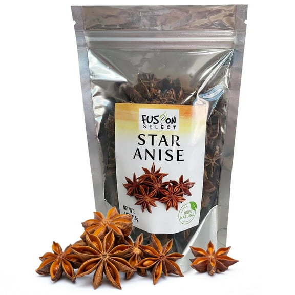 Fusion Select Dried Star Anise - Whole Badian Spice for Oriental & Indian Dishes & Recipes - Natural Herbs & Seasoning for Baking & Cooking - Packed in a Clear Resealable Pouch - 22 Servings, 4 oz.