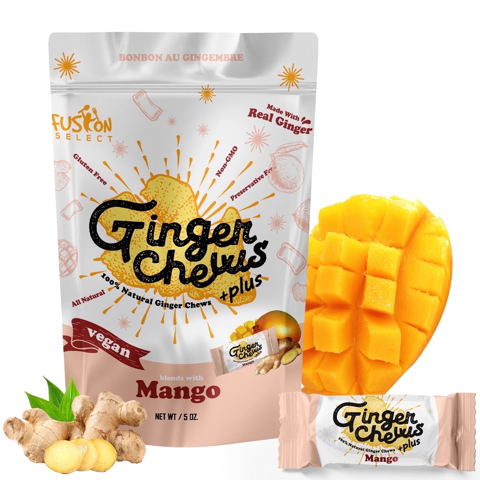 Fusion Select Ginger Chews - Non-GMO, Vegan Candy 5oz (Mango)