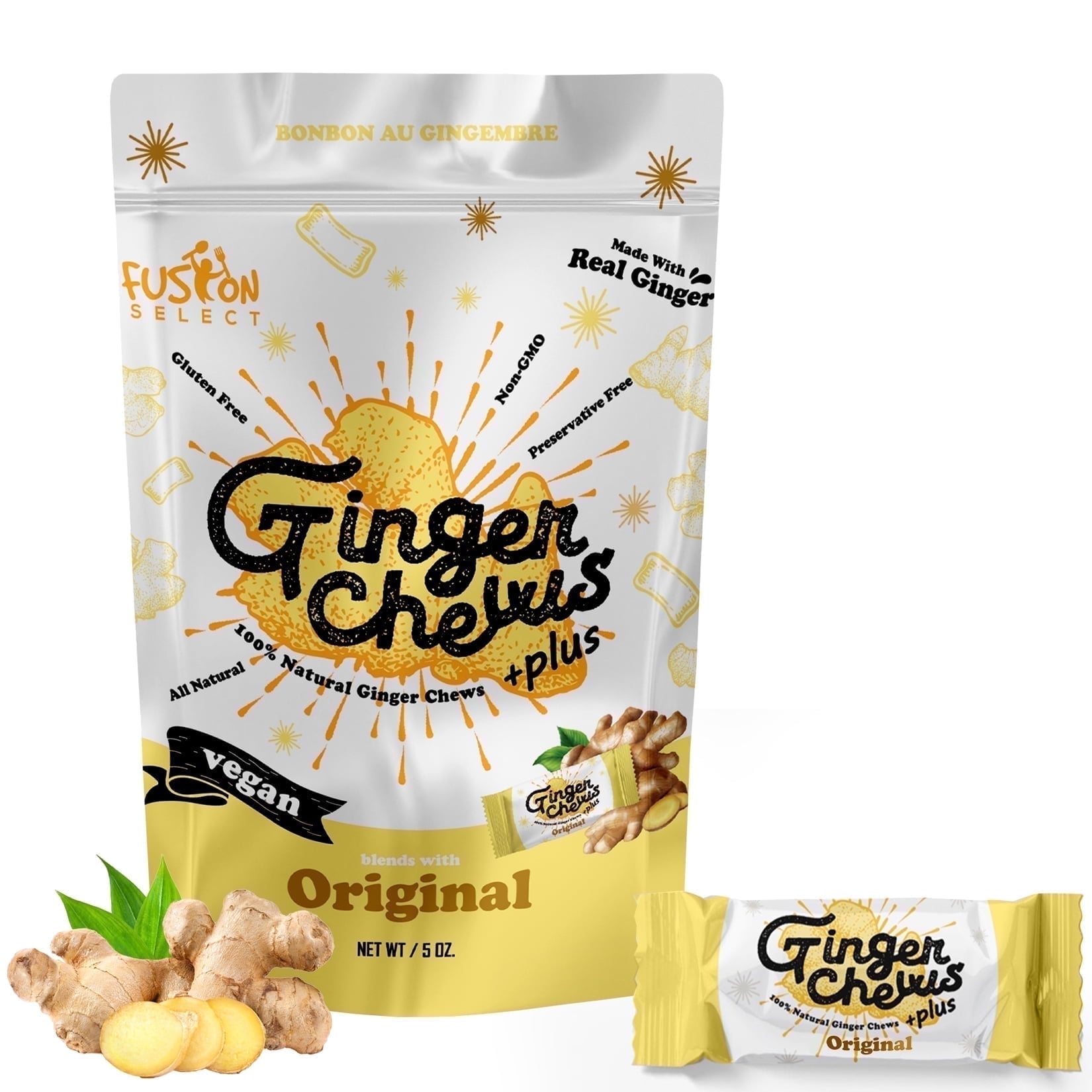 Fusion Select Ginger Chews - Non-GMO, Vegan Candy 5oz (Original)