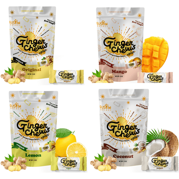 Fusion Select Ginger Chews - Sweet Soft Candied Delights From Indonesia - Promotes Relief From Morning Sickness, Upset Stomach - Made from Real Ginger Root, Non-GMO, Vegan Candy (4 Variety Flavors)