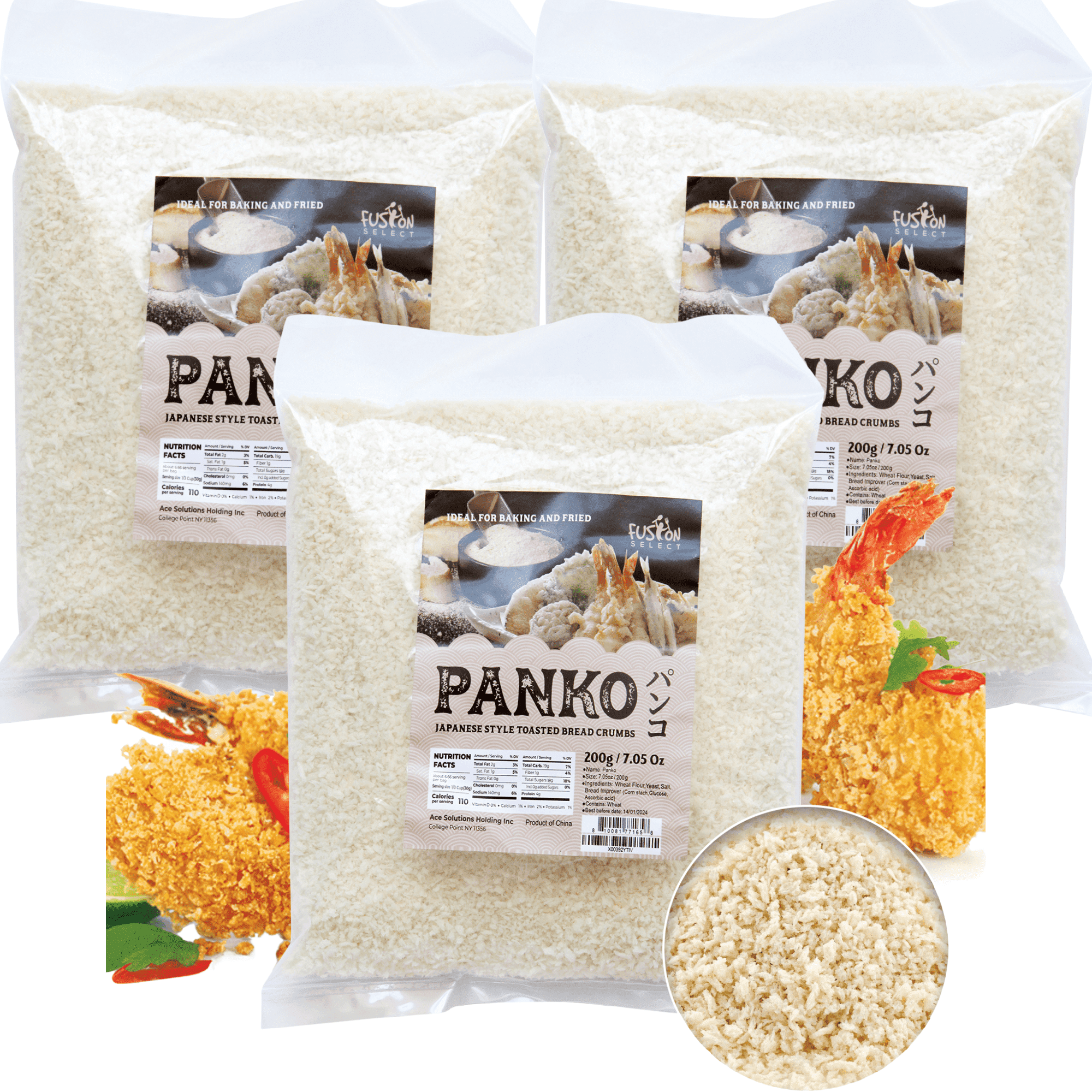 Fusion Select Japanese-Style Toasted Vegan Panko Bread Crumbs, 3 Packs, 7oz Each