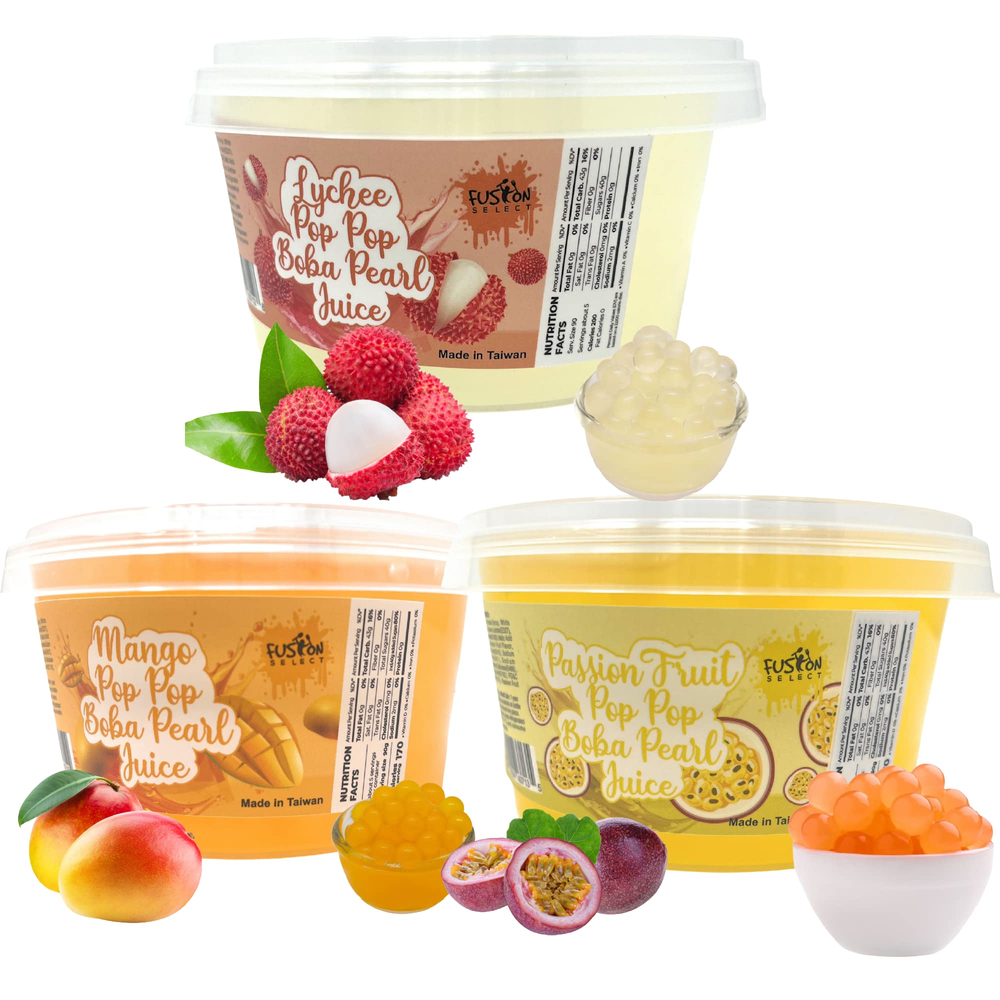 Fusion Select Lychee, Mango, HHA1 Passion Fruit Bursting Boba Popping