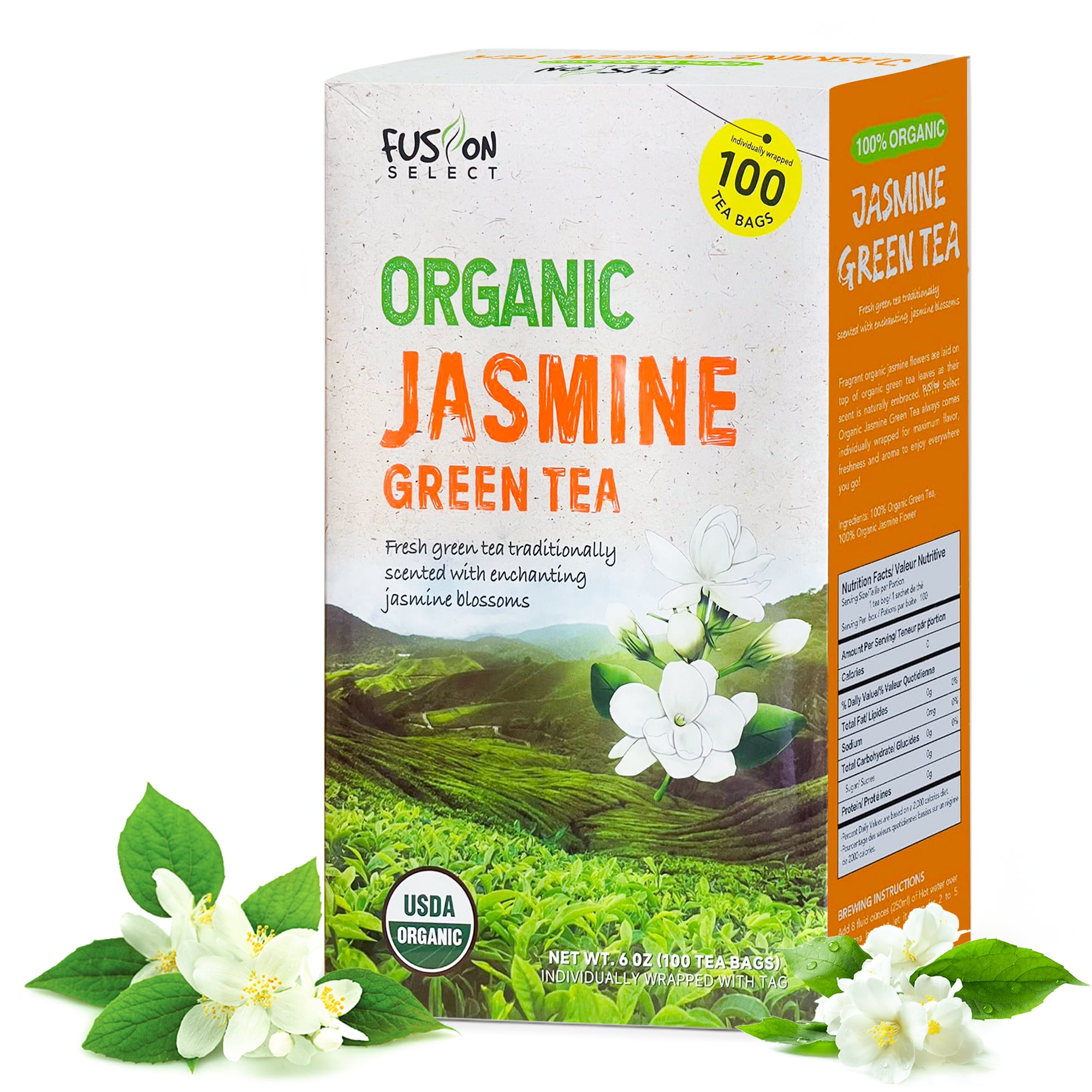 Fusion Select Organic Jasmine Green Tea, 100 Tea Bags, Floral