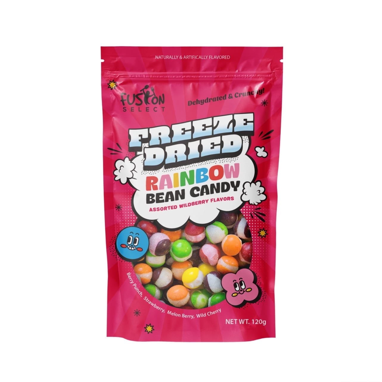 Fusion Select Rainbow Bean Candy - Assorted Freeze Dried Candy Pack with Wildberry Flavors - Dehydrated, Crunchy, Colorful Treats & Snacks for Kids & Adults - Packed in a Resealable Pouch, 4 Oz