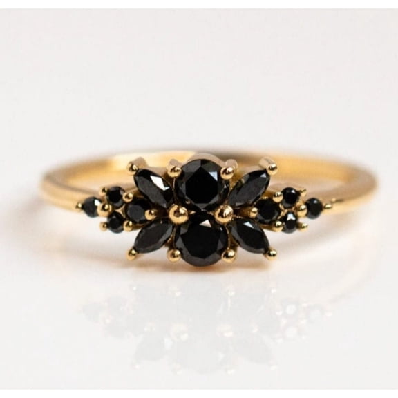 FusionJevel 925 Sterling Silver Dainty Black Onyx Ring Flower Unique Nature Inspired Ring Handmade Stacking Statement Ring December Birthstone Women Ring