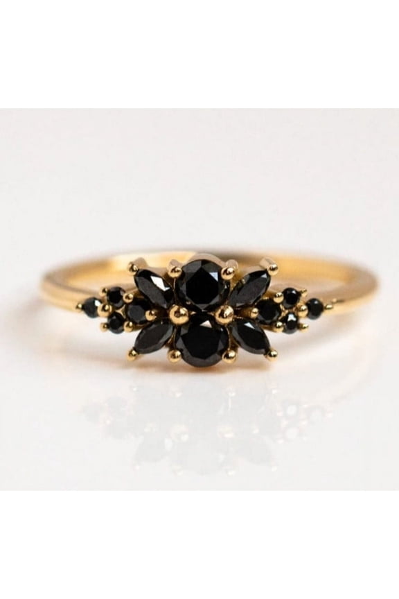 925 Sterling Silver Dainty Black Onyx Ring Flower Unique Nature Inspired Ring Handmade Stacking Statement Ring December Birthstone Women Ring