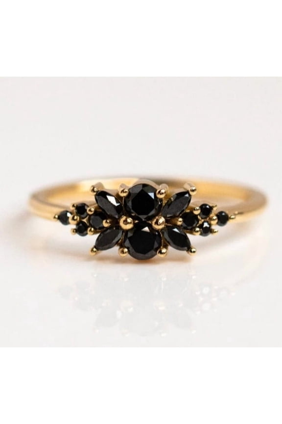 925 Sterling Silver Dainty Black Onyx Ring Flower Unique Nature Inspired Ring Handmade Stacking Statement Ring December Birthstone Women Ring