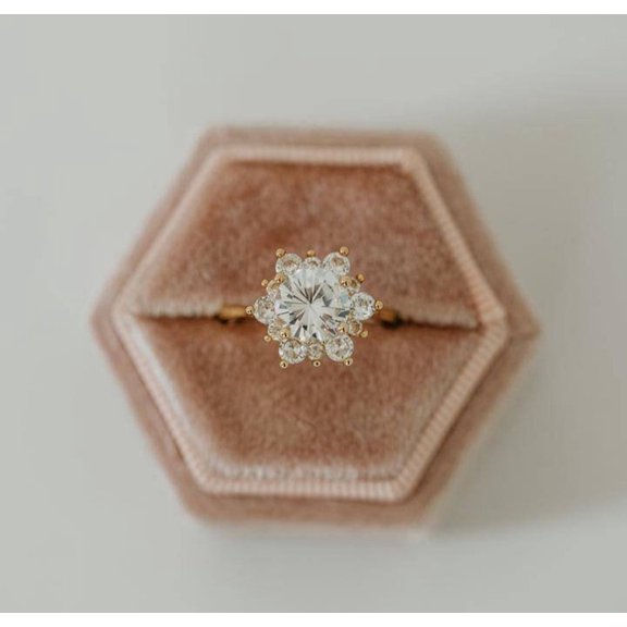 FusionJevel 925 Sterling Silver Sunburst Studded Band Dainty Big Round Cut Crystal Ring Handmade Stacking Gemstone Women Statement Halo Ring