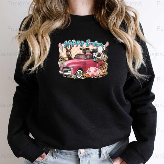 FusionX72 Happy Easter Truck With Bunny Holiday Celebration Spring Festive Delivery Vehicle SweatShirt, for Unisex, up to size 5XL.