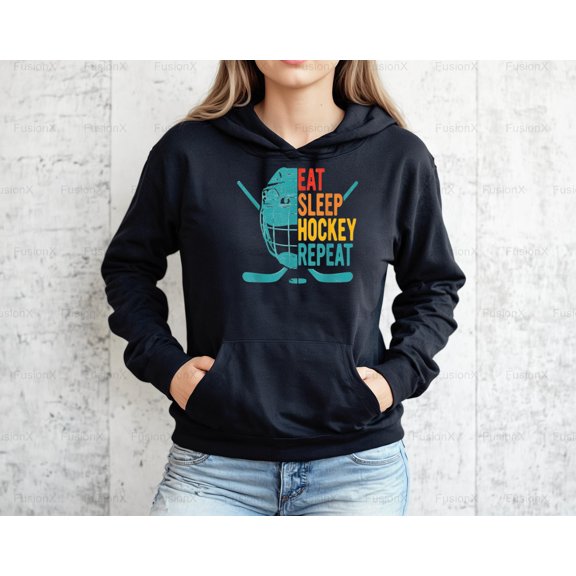 FusionX77 Eat Sleep Hockey Repeat Quote Graphic, Funny Ice Hockey Player Lifestyle Design Hoodie, for Unisex, up to size 5XL.