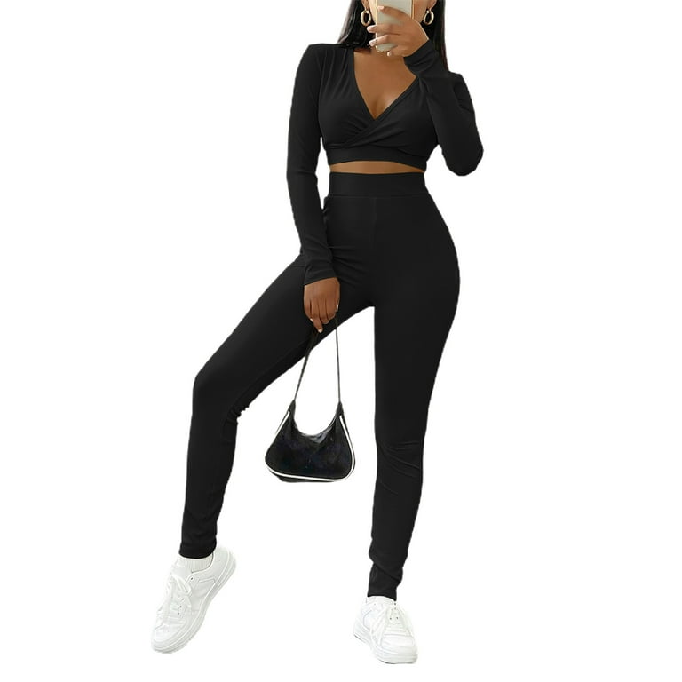 Fusipu 1 Set Crop Top Pants Set Solid Color V Neck Women Long Sleeve  Sweatshirt Elastic Waist Sweatpants for Fitness