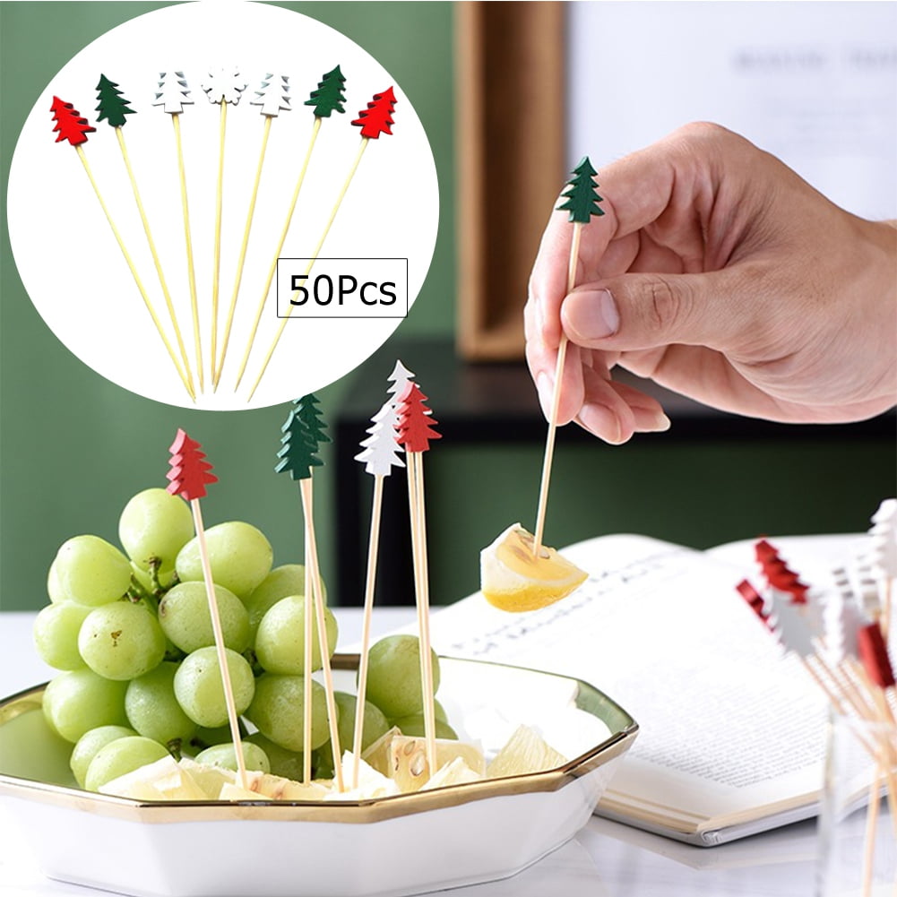 Fusipu 50Pcs Christmas Cocktail Picks Bamboo Wood Toothpicks Christmas