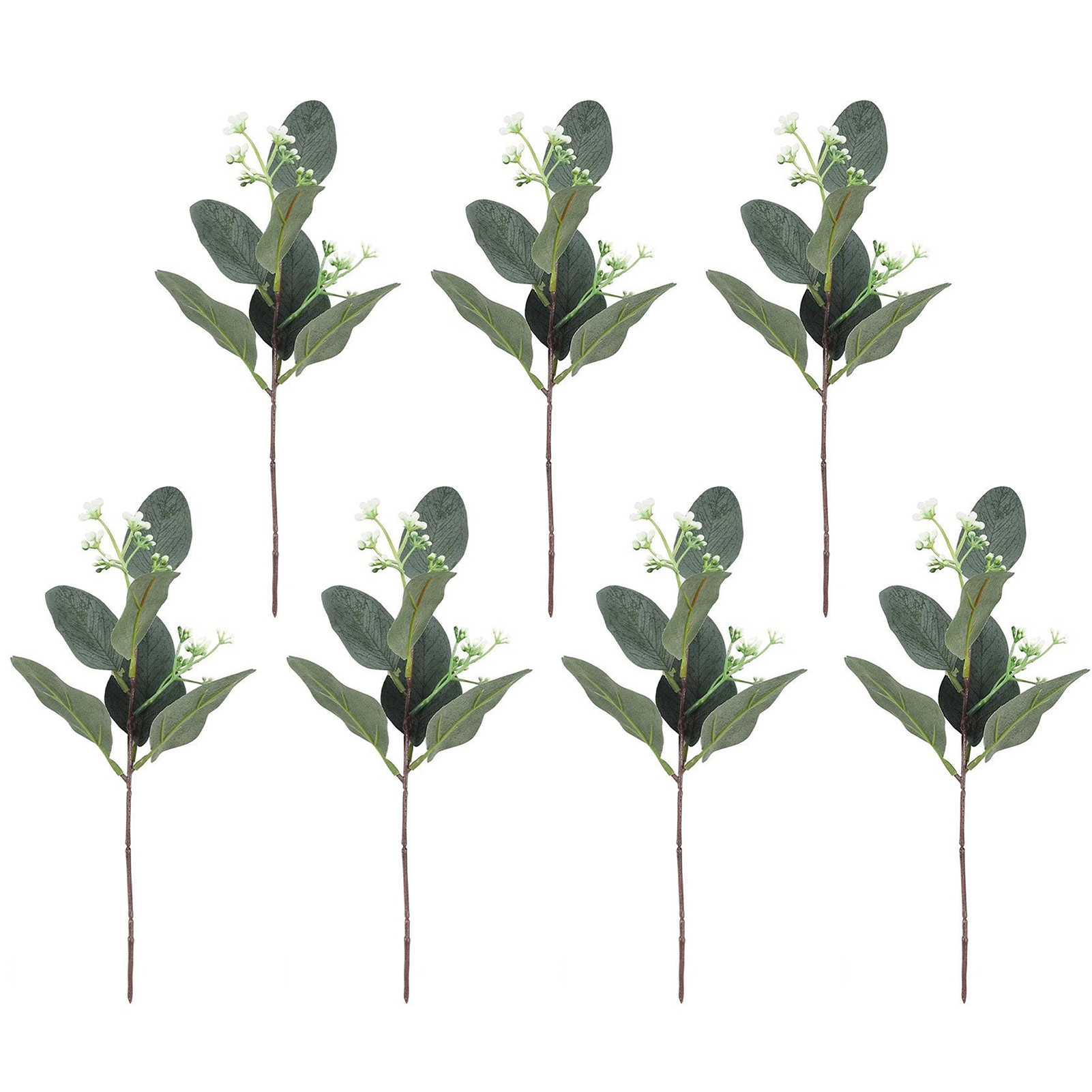 Fusipu 7Pcs Artificial Eucalyptus Leaves Branch with Stem Faux Green