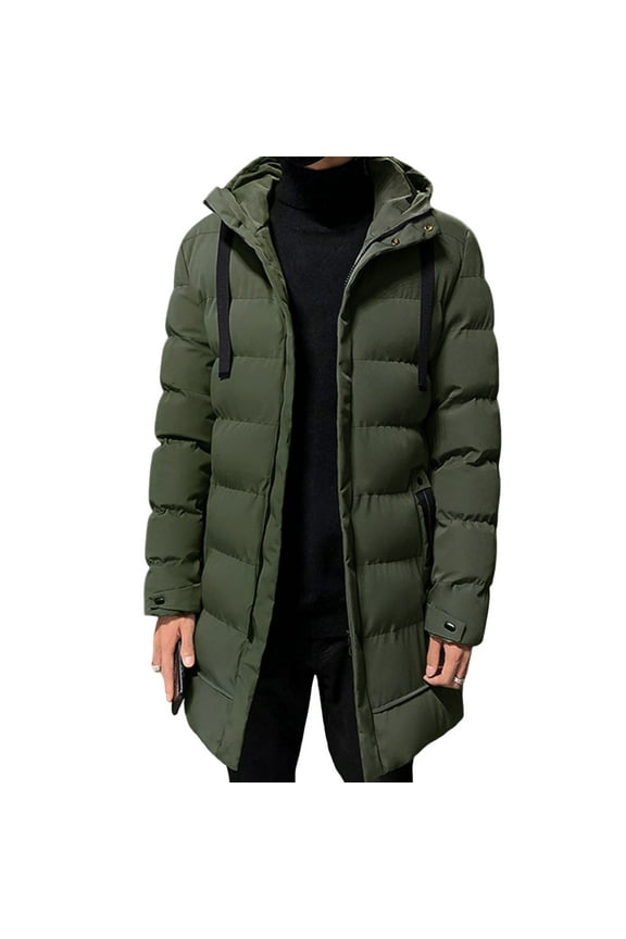 Autumn Winter Men Down Jacket Cotton Padded Hooded Long Sleeve Coat Coldproof Drawstring Mid-length Windbreaker for Daily Wear
