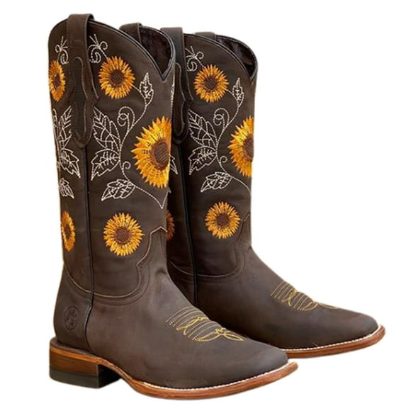 Fusipu Autumn Winter Women Thick Heel Boots Fashion Sunflower Printed Knight Shoes