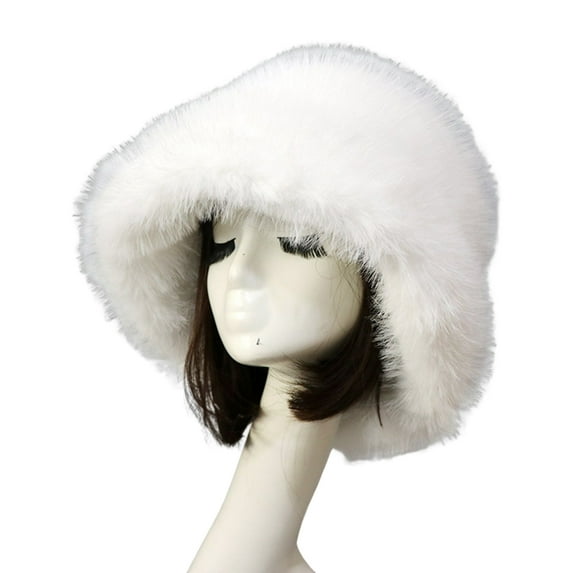 Fusipu Bucket Hat Oversized Fluffy Wide Brim Soft Thickened Ear Protection Faux Fur Winter Thermal Women Fisherman Cap for Daily Life