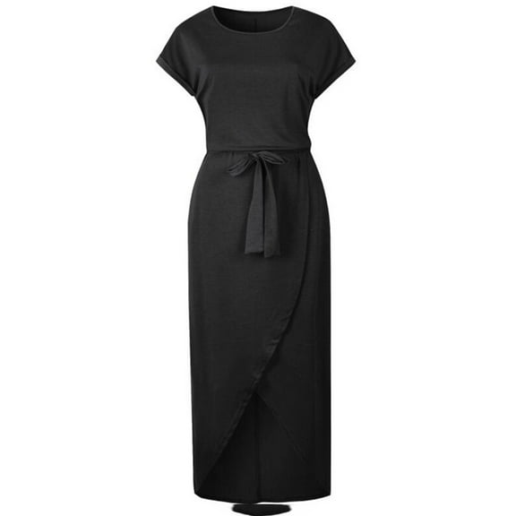 Fusipu Casual Women O Neck Short Sleeve Waist Drawstring Front Splitting Maxi Dress