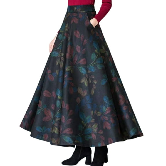 Fusipu Elastic Waist Side Pockets Large Hem Plus Size Retro Skirt Autumn Winter Plaid Print High Waist A-Line Maxi Skirt Female Clothing