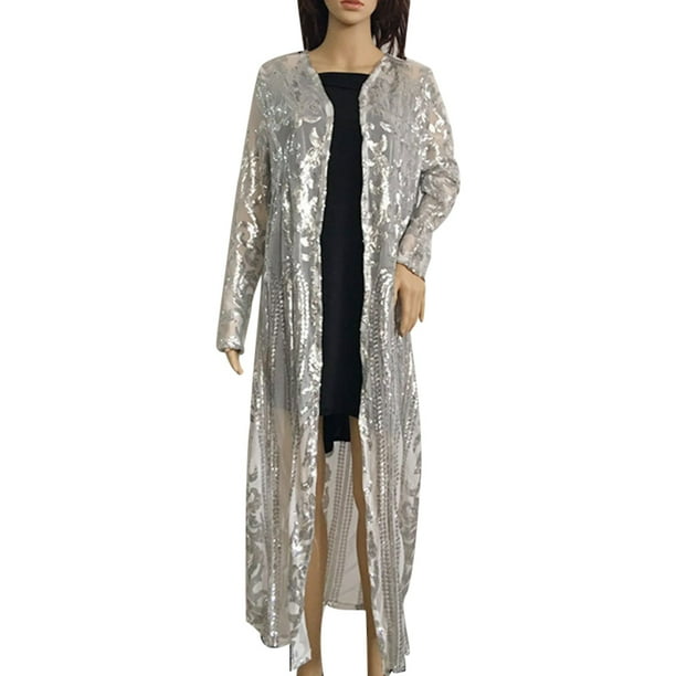 Fusipu Evening Party Women Sexy Sequin Perspective Long Sleeve Maxi Coat Gown Cardigan