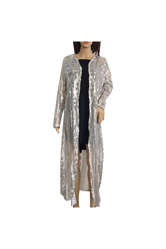 Evening Party Women Sexy Sequin Perspective Long Sleeve Maxi Coat Gown Cardigan