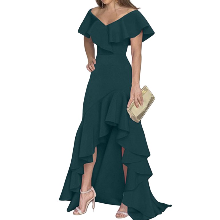 Fusipu High-Waist Waist Tight Irregular High-Low Hem Women Dress Elegant  Off Shoulder Ruffle Collar Maxi Dress Female Clothing - Walmart.com