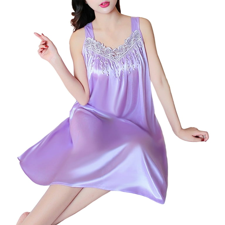 Fusipu Lady Pajamas Solid Color Smooth Lace Patchwork Night Dress for Wedding Night