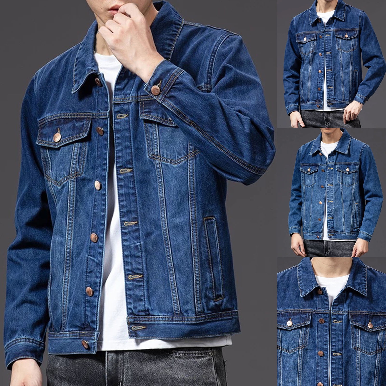 Fusipu Men Coat Single-breasted Turn-down Collar Denim Cardigan