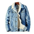thumbnail image 1 of Fusipu Men Jean Jacket Plush Lining Single Breasted Turndown Collar Solid Color Long Sleeve Coldproof Winter Thicken Lapel Denim Coat for Trip, 1 of 7