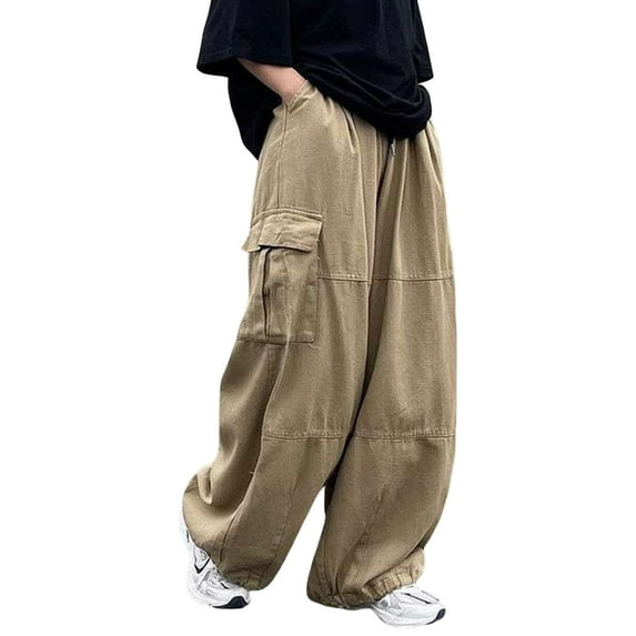 Fusipu Men Pants Wide Leg Multi Pockets Elastic Waist Solid Color Loose Bottoms Straight Cargo Pants Baggy Trousers for Outdoor