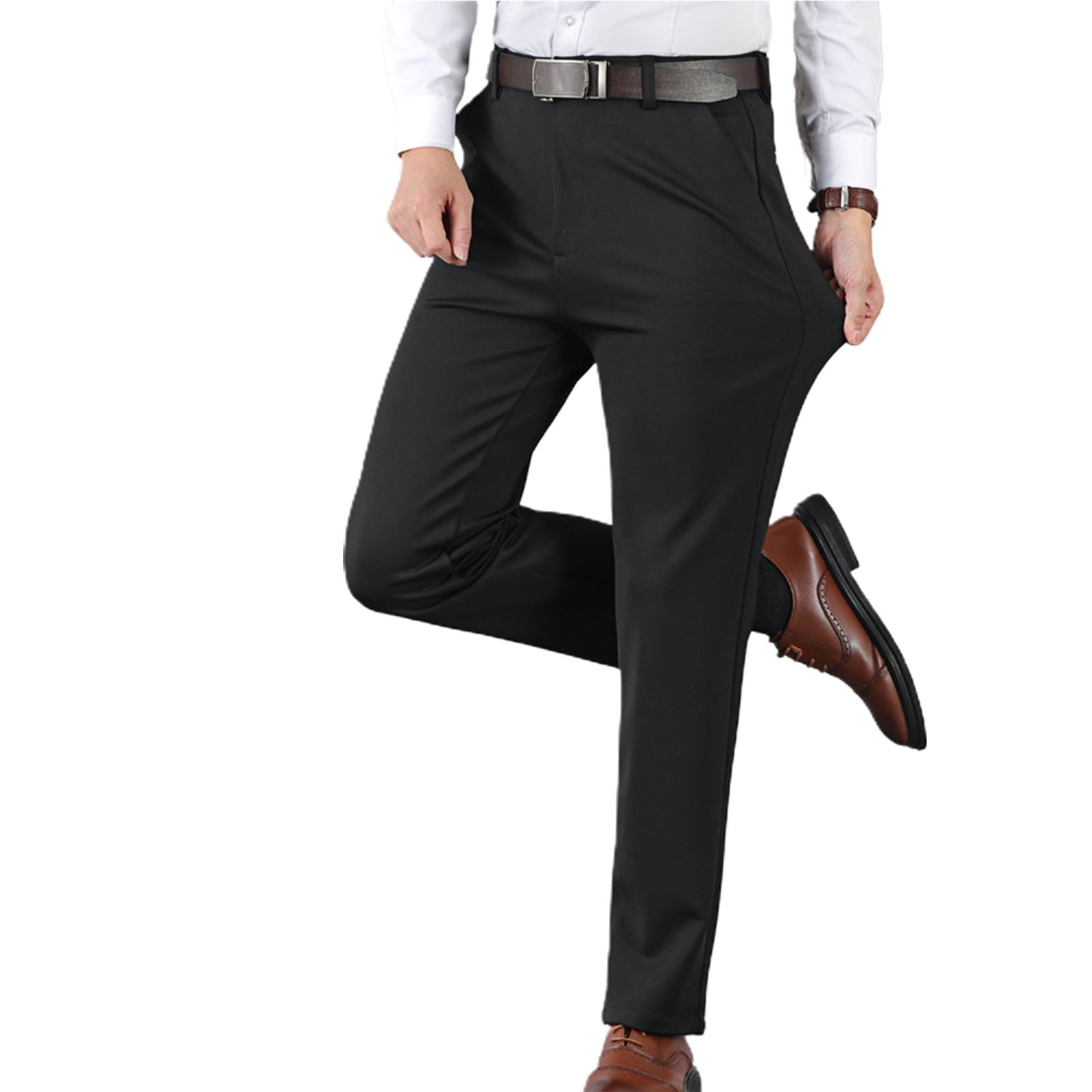 Fusipu Men Suit Pants Solid Color High Waist Thick Formal Male Trousers for  Work