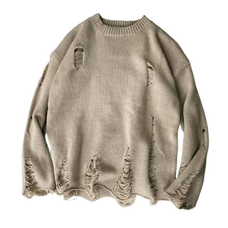 Fusipu Men Sweater Solid Color Ripped O Neck Oversized Couple Sweater for Daily Wear Men s Size Medium Beige