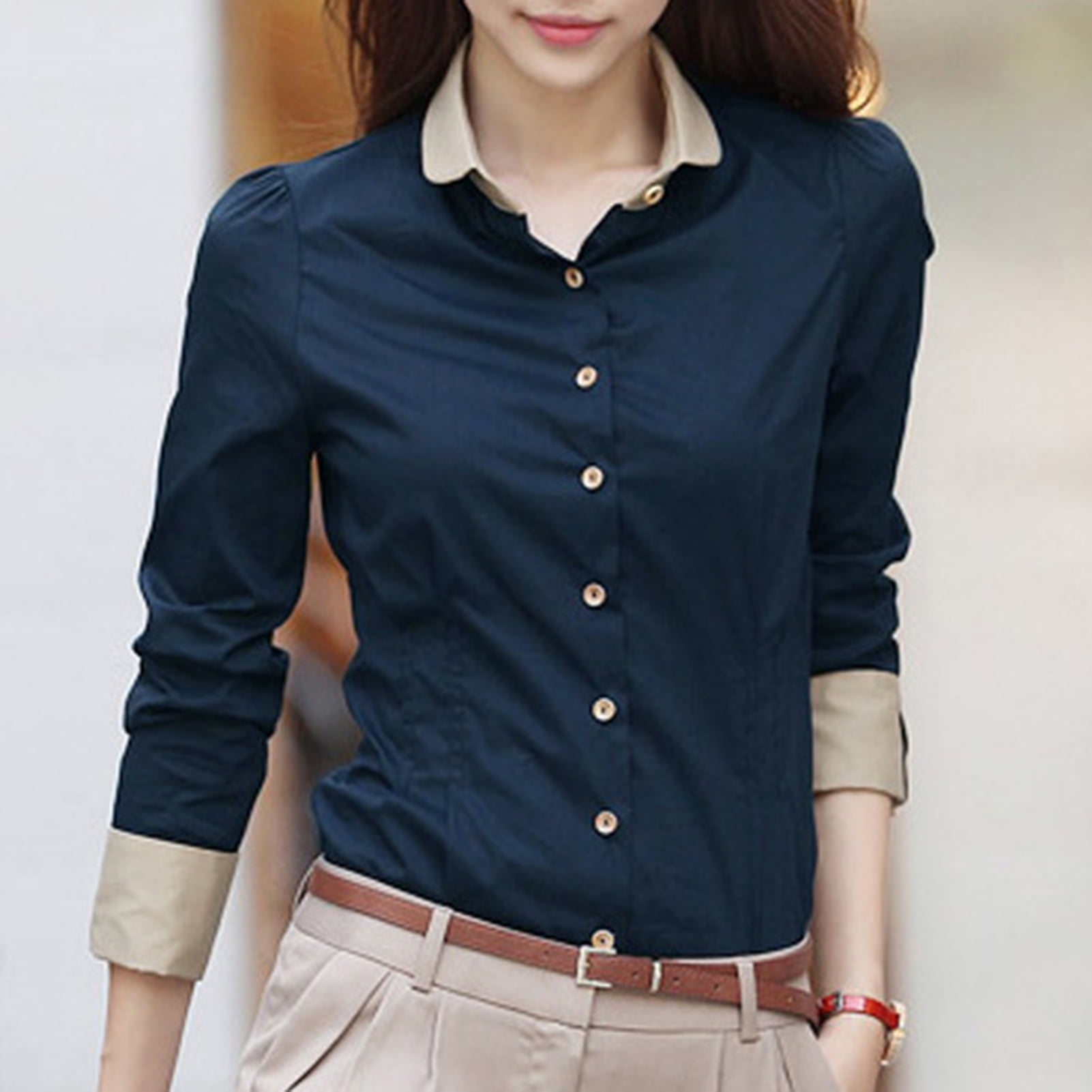 Fusipu Office Lady Long Sleeve Turn Down Collar Waist Tight
