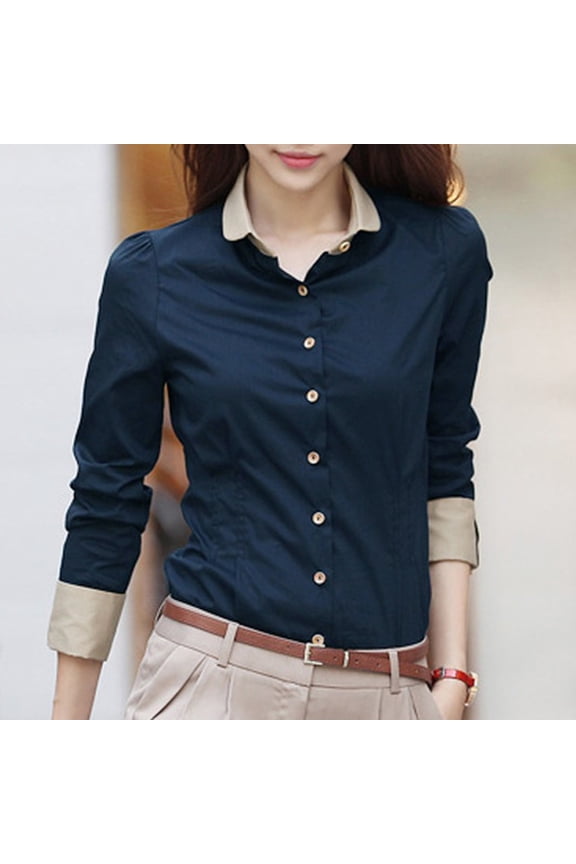 Office Lady Long Sleeve Turn Down Collar Waist Tight Shirt Buttons Blouse Top