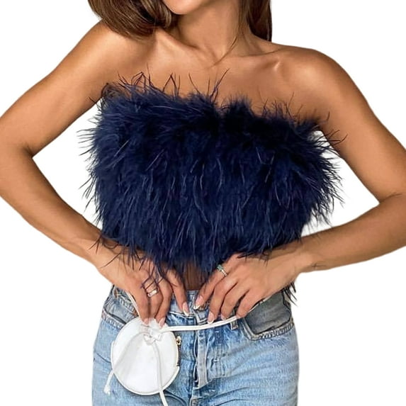 Fusipu Party Crop Top Sexy Fluffy Skin-touch Sleeveless Off Shoulder Lady Camisole Night Party Clothes