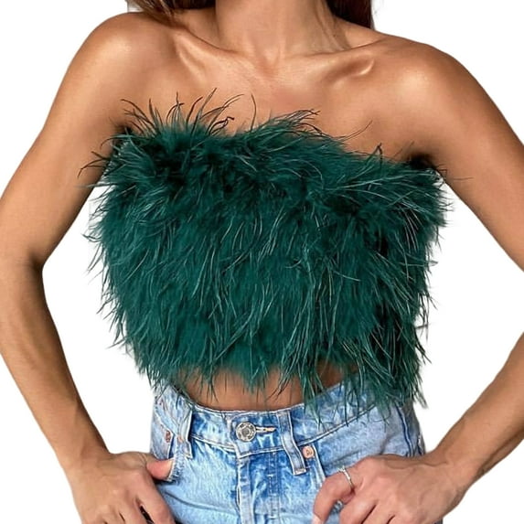 Fusipu Party Crop Top Sexy Fluffy Skin-touch Sleeveless Off Shoulder Lady Camisole Night Party Clothes