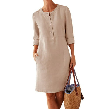 HoWD Plus Size Casual Solid Color Cotton Linen Women Long Sleeve Tunic ...