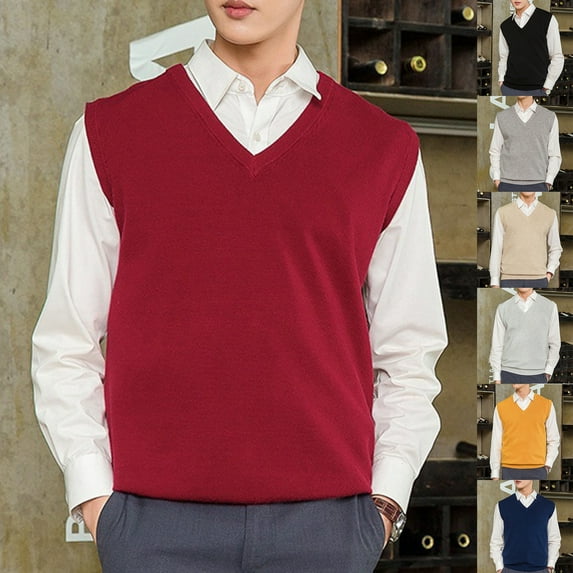 Fusipu Sleeveless Loose Warm Sweater Vest Men Solid Color V-neck Pullover Waistcoat for Daily Wear