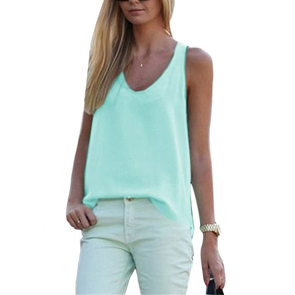 Fusipu Solid Color Round Neck Sleeveless Chiffon Blouse Summer Women Vest Tank Top