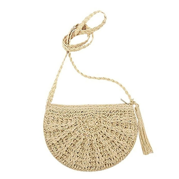 Fusipu Summer Beach Boho Women Straw Tassel Semicircle Zipper Crossbody Shoulder Bag