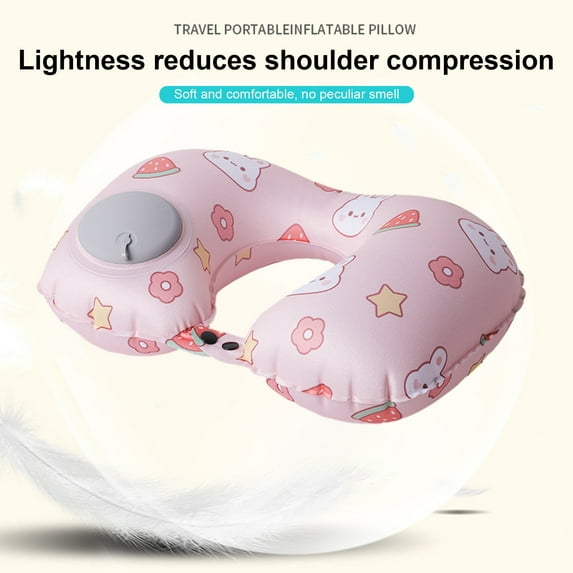 Fusipu Travel Pillow U-shape Neck Pillow with Cartoon Print Portable Press Inflation Ergonomic Head Neck Support for Travel Lightweight Washable Cover Chin