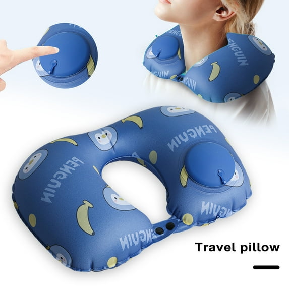 Fusipu Travel Pillow U-shape Neck Pillow with Cartoon Print Portable Press Inflation Ergonomic Head Neck Support for Travel Lightweight Washable Cover Chin