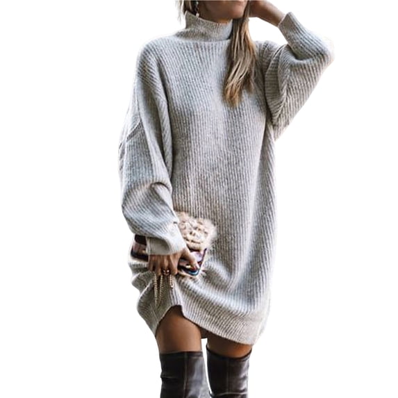 Fusipu Turtleneck Batwing Long Sleeves Ribbed Warm Plus Size Sweater Dress Ladies Autumn Winter Solid Color Knitted Casual Midi Dress
