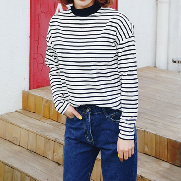 Fusipu Women Casual Long Sleeve O Neck Pullover Horizontal Stripes Loose Blouse Top