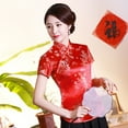 thumbnail image 1 of Fusipu Women Chinese Short Sleeve Stand Collar Dragon Phoenix Print Ethnic Blouse Shirt, 1 of 8