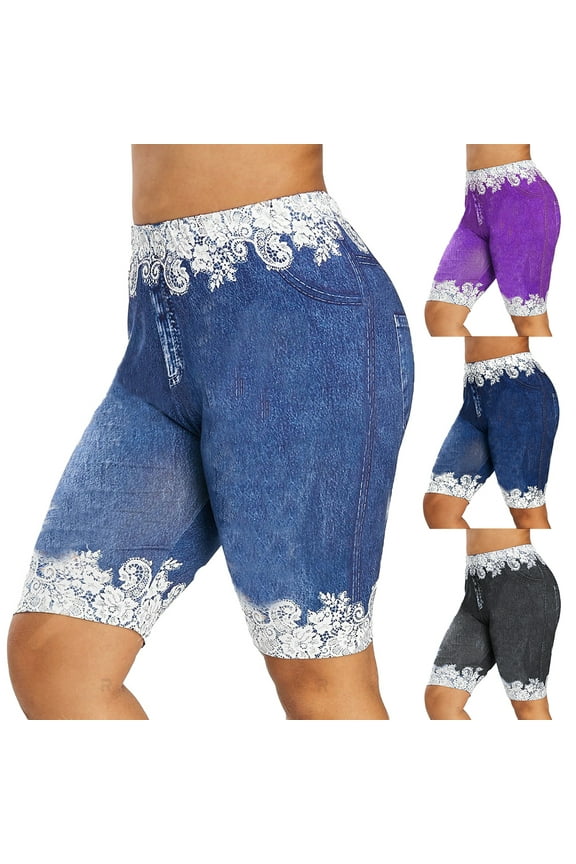 Women Fashion Lace Patchwork High Waist Leggings Denim Shorts Sports Minipants