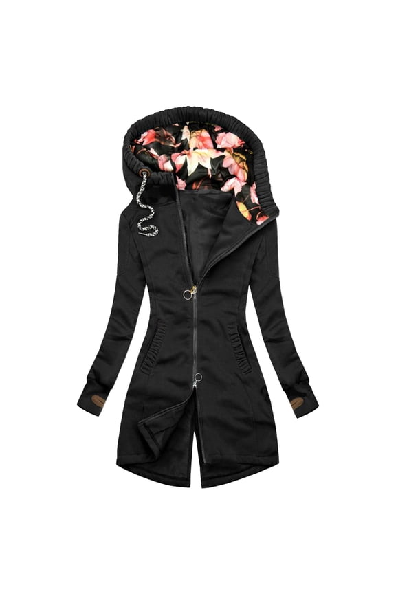 Women Hooded Coat Floral Print Patchwork Autumn Winter Drawstring Zipper Irregular Bottom Sweatshirt for Daily Wear
