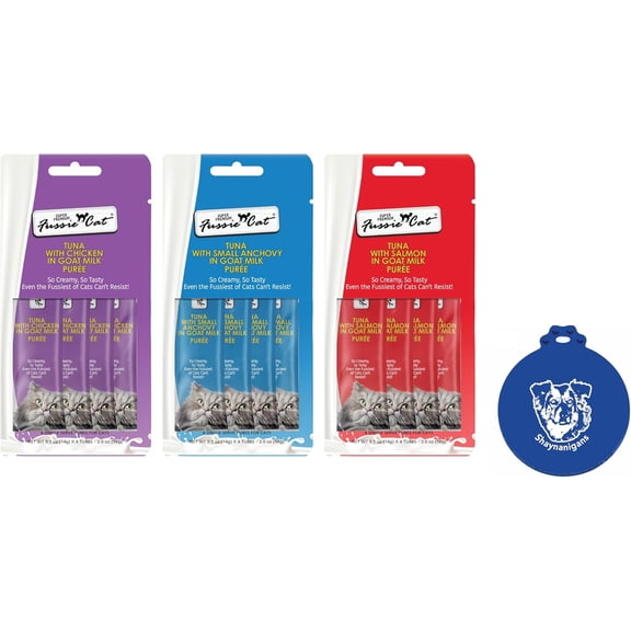 Fussie Cat Puree in Goat Milk 3 Flavor Treat Bundle: Tuna w/ Salmon, Small Anchovy or Chicken (3 Four-Tube Packs, 12 Tubes Total, 0.5 Oz per Tube) + Silicone Lid